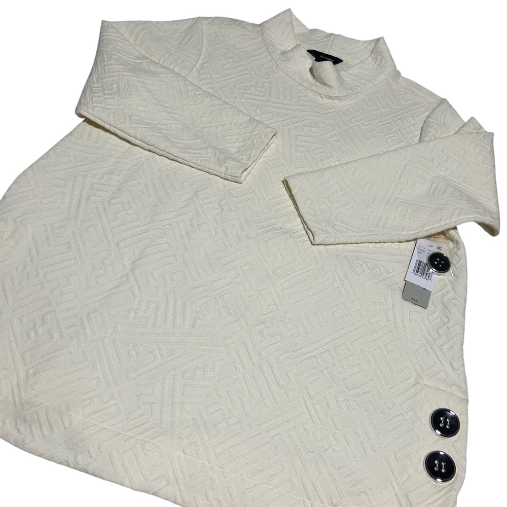 Ali Miles Tunic Top Womens Large White Textured Mock Neck Button Side 3/4 Sleeve